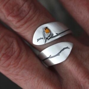 Boho Silver Adjustable Enameled Robin Redbreast Spring Wide Band Bird Ring